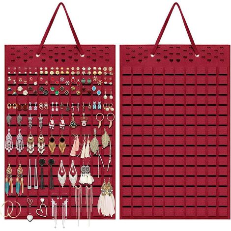 Juego de 1 soporte de pared para joyas, expositor de pendientes, estante de almacenamiento para broches, collares y anillos, con capacidad para hasta 300 pares, color rojo (57 x 35 cm). (1/5)