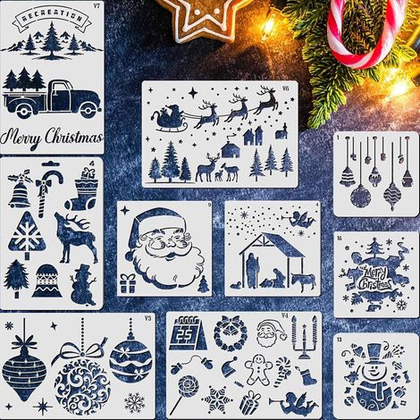 10 Pièces Pochoir Noel, 3 Tailles Pochoirs pour Peinture Noel Réutilisable Petit Grand, Pochoir Vitre Noël Decoration Dessin Joyeux Fenetre Scrapbooking Père Noël Flocon de Neige (1/5)