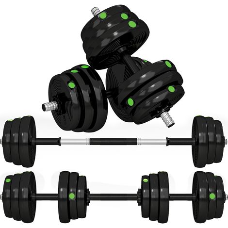 Kit Haltères 25kg Réglables 2 en 1 Barre de Musculation Poids Revêtement Plastique Protection Sol Noir Vert (1/5)