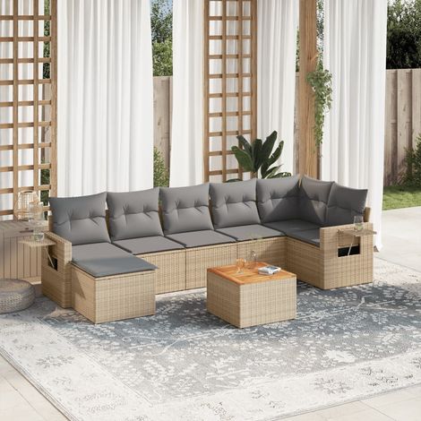 Ensemble Salon Jardin 8 Places Résine Tressée Beige avec Coussins Gris - Canapé d'Angle, Sièges Centraux et Table Acacia Modulaire et Résistant aux Intempéries (1/5)
