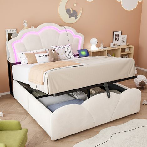 Letto imbottito (140 x 200 cm), meccanismo di sollevamento idraulico, illuminazione a LED, vani portaoggetti nella testiera, decorazione floreale, rivestimento in velluto e prese di corrente integrate (1/5)