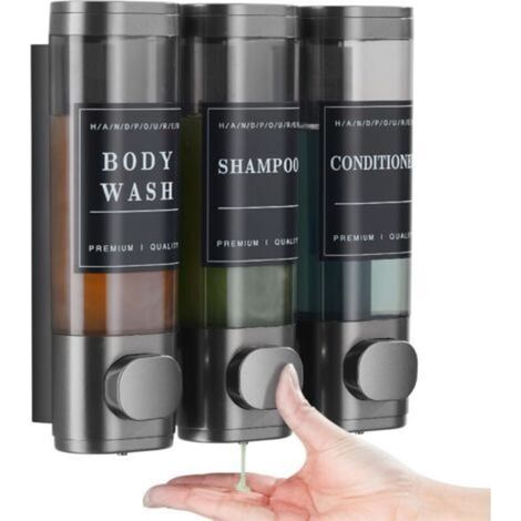 3-in-1 Wall-Mounted Soap Dispenser, Shower Gel Dispenser, No Drilling Required, Suitable for Shampoo, Conditioner, Kitchen, Hotel (Grey)