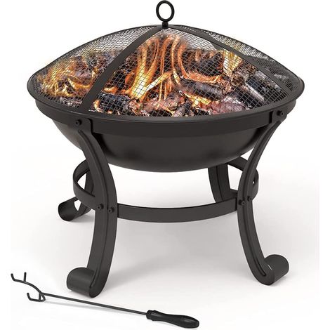Vounot – Brasero extérieur Ø55cm en acier résistant – Couvercle en maille et tisonnier inclus – Chauffage à charbon de bois pour terrasse et camping