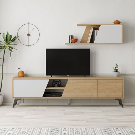Decortie Fiona Modern Tv Unit With Storage And Wall Shelf 180cm - Oak / White (1/5)
