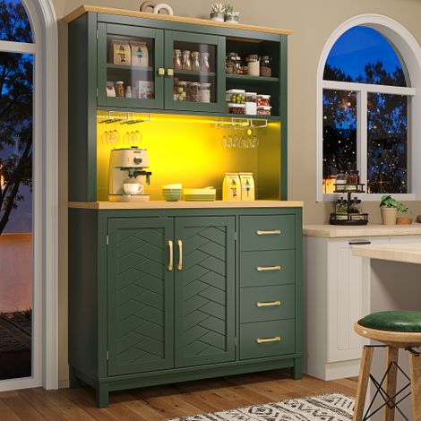 Vaisselier avec led, tiroirs, 4 portes et rangements, vert, en MDF, 105.5x40x180 cm