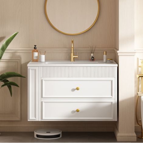 Meuble vasque mural 81 cm blanc brillant avec 2 tiroirs, rangement latéral et lavabo céramique (1/5)