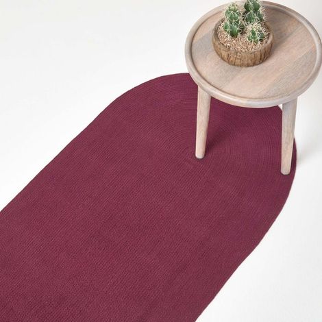 HOMESCAPES Plum Handmade Woven Braided Oval Hallway Rug, 66 x 200 cm