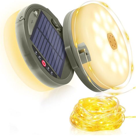 Guirlande lumineuse solaire de camping de 12 mètres aux couleurs chaudes – Lampe pliable 2 en 1, 8 modes, rechargeable par USB, étanche, idéale pour les tentes, les terrasses et les activités de plein (1/5)