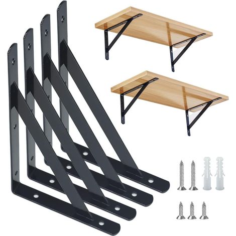 4 Pièces de Supports d'Étagères Lourds Muraux à 90 Degrés - Métalliques Avec Vis, en Fer - Equerre pour Étagère Angulaire (200×120mm), Noir (1/5)