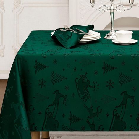 Nappe Noël 300x150 cm Vert Foncé Lavable Jacquard Renne Sapin de Noël