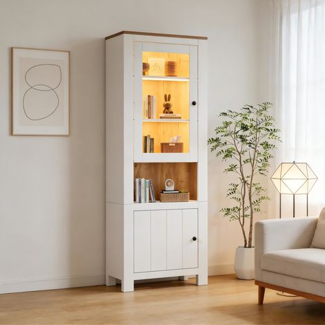 Vitrine haute 70 x 40 x 188 cm avec LED, portes en verre, blanc et effet bois HAVRYA (1/5)