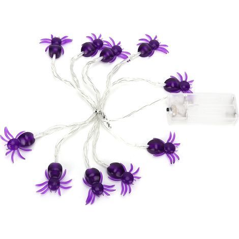 Guirnalda de luces LED de araña para Halloween, decorativa, color morado, ABS, 10 LED, funciona con pilas AA, 2 m, ideal para festivales, fiestas y decoración de interiores y exteriores.