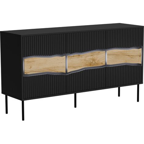 Buffet Saliceto, buffet de salon à trois portes battantes et compartiments intérieurs, surélevé du sol, 144x40 h80 cm, noir et nœuds en chêne (1/5)