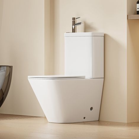 DILECI - WC à poser avec lave-mains intégré 2-en-1 sans bride sortie horizontale (67x39x84,5cm) - Design carré blanc ANTHONY (1/5)