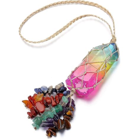 Ornement suspendu en quartz clair brut, pierres précieuses naturelles de guérison des 7 chakras, pompons, décoration faite à la main pour l'arrière de la voiture (1/4)