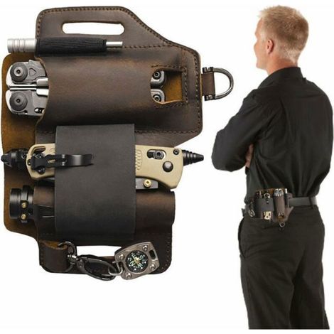 EDC tui multifonction pour lampe de poche - Fourreau de ceinture en cuir avec porte-stylo pour lampe de poche couteau cls de (1/4)