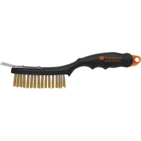 Brosse antirouille professionnelle en fil de laiton / 4 rangées, avec grattoir et manche en plastique, Teger (1/3)