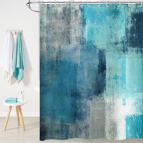Cortina de ducha turquesa de 180x180 cm, diseño abstracto moderno contemporáneo en color verde azulado, impermeable, lavable, de poliéster, con ganchos. (1/5)