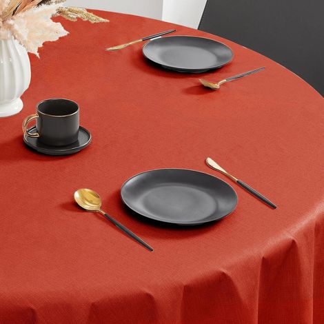Nappe ronde 140 cm Rouge lavable imperméable aspect lin PVC pour table de jardin