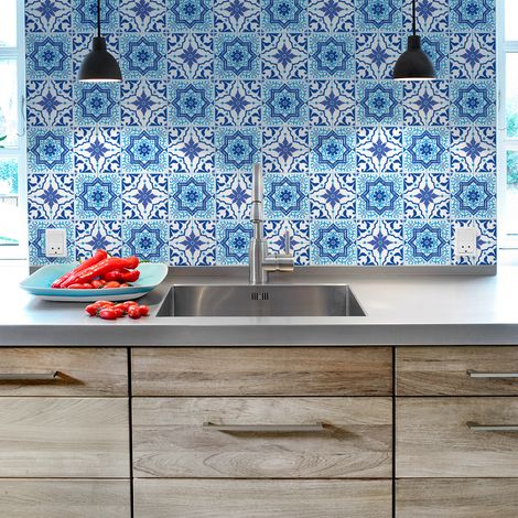 Sticker Mural Carrelage adhésif Cuisine Salle de Bain - 30 STICKERS CARREAUX DE CIMENT AZULEJOS RENZO - 30stickers15x15cm (1/5)