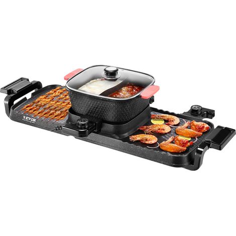 VEVOR Pentola Elettrica per Hot Pot BBQ con Griglia, 2300W Senza Fumo, Griglia Rimovibile con Separato Doppio Controllo della Temperatura, Padella Antiaderente, per Cena in Famiglia Festa
