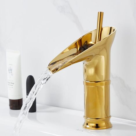 UlisemAntique Kupfer-Küchenarmatur, Einloch-Weinglas-Waschtischarmatur, 360 Grad drehbare künstlerische Spüle mit Warm- und Kaltwasserhahn, Gold (Größe: 20 cm) (1/4)