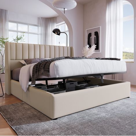 Lit coffre rembourré 140x200 cm en lin, beige/gris, avec tête de lit capitonnée et sommier relevable (1/5)
