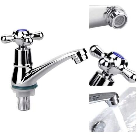 Robinet de lavabo à poignée unique, robinet mitigeur à eau froide, robinet d'eau froide, robinet d'évier de salle de bain, robinet de vestiaire chromé à poignée croisée avec filtre-- (1/4)