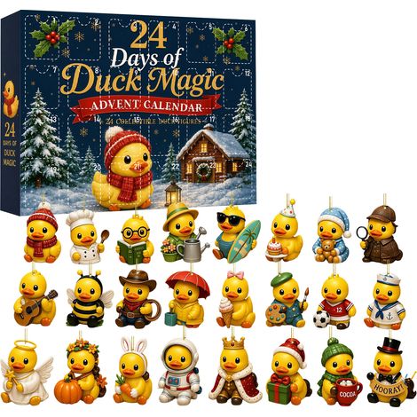Adventskalender 2026 – 24 Teile – gelb-mehrfarbig – Acryl – Quietscheentchen-Motiv – niedliche Anhänger – Mini-Sammelfiguren – geeignet für Weihnachtsbaum und als Dekoration (1/5)