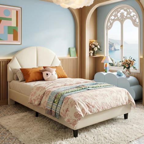 Lit enfant 90x190, Lit simple avec tête de lit ronde capitonnée et sommier à lattes, style moderne, Beige