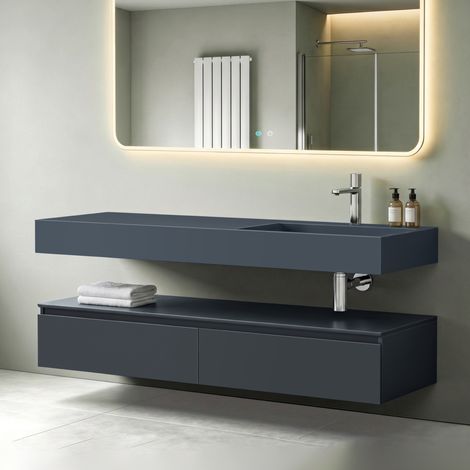 Mai & Mai Meuble de Salle de Bain Gris Noir Mat Ensemble de 2 Pièces Meuble avec Lavabo 150cm Meuble avec 2 Grands Tiroirs