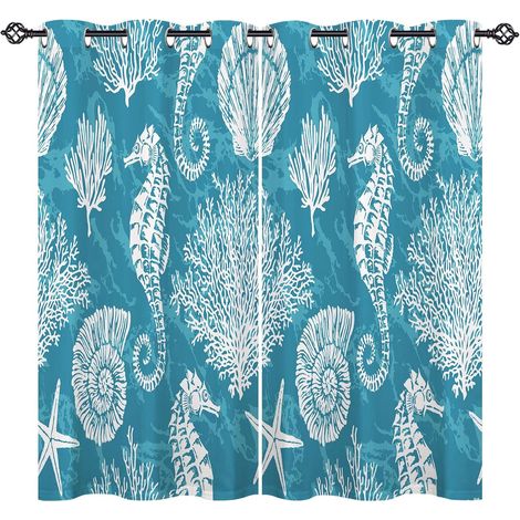 Rideau Occultant Océan Hippocampe Coraux Tenture Opaque à Oeillets Draperies Intérieurs Rideau Thermique Isolant pour Maison Chambre Salon Fenetre 2 Pièces L 132 x H 160 cm - 132L X 160H cm (2 Panneau (1/5)