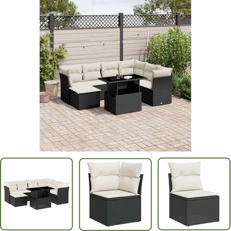 The Living Store Salon de jardin 8 pcs avec coussins noir résine tressée - Salon De Jardin - Meuble Extérieur - Set Salon - Résine Tressée - Mobilier Design (1/5)