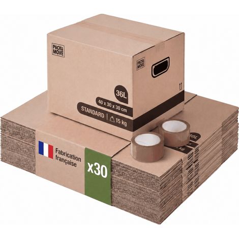 Pack and Move - Lot de 30 cartons déménagement livres avec poignées + 1 adhésif GRATUIT