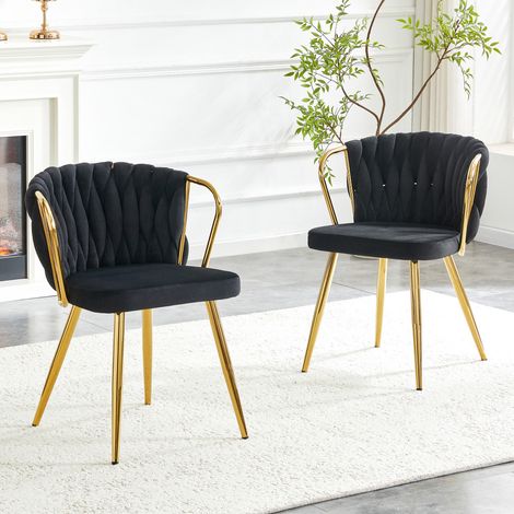 Chaise de salle à manger en velours – Dossier tressé, pieds métalliques dorés, assise rembourrée – Idéale pour salon, cuisine et café – Noir + or (1/5)