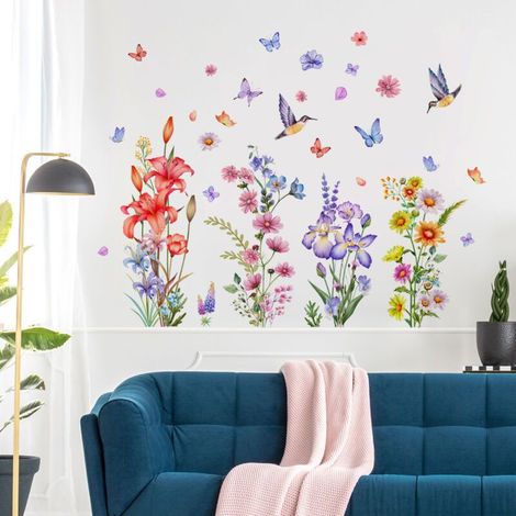 Lntyq Stickers Muraux Fleurs Colorées Stickers Muraux Fleur de Jardin Autocollant Mural Plante Papillon Floral Oiseau Décoration Murale pour Décoration du Salon Chambre à Coucher Bureau et de Maison (1/5)