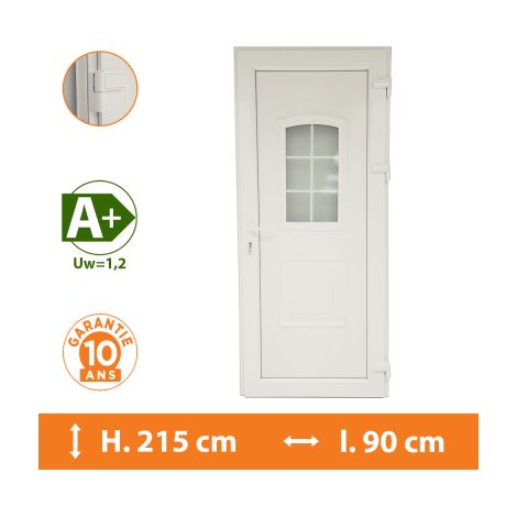 Direct Fenêtres – Porte d'entrée PVC blanc 83cm – Double vitrage fe gaz argon – Isolation thermique A – Seuil aluminium PMR 18mm – 10 ans de garantie