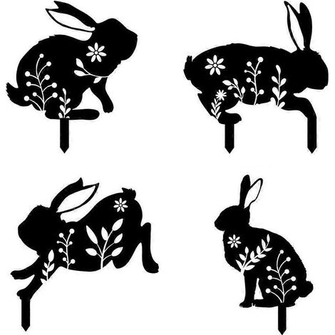 Schwarze Hasensilhouette als Rasen-, Terrassen- und Gartendekoration, Blumenschmuck, Metallausschnitt, ABCD-Kombination.