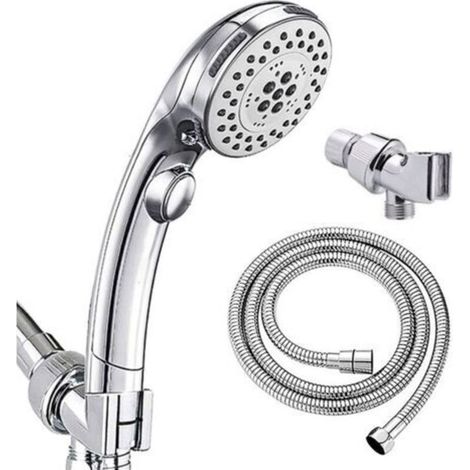 Pommeau de douche chromé galvanisé avec bouton d'arrêt, pommeau de douche à main + bras de suspension + tuyau de 1,5 m, 1 pièce (1/5)