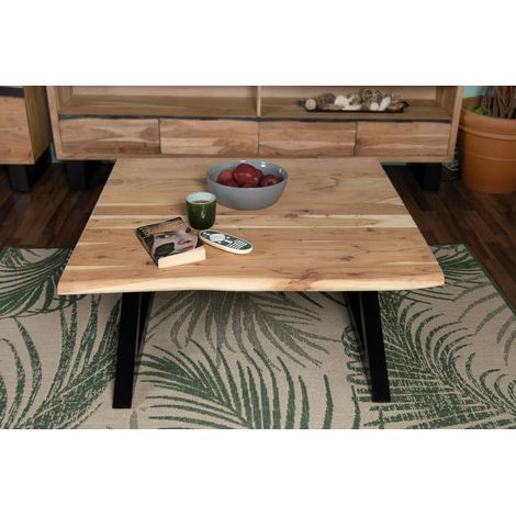 Couchtisch Baumkante 90x90 cm Akazie Naturfarben schwarz X-Gestell geschlossen (1/5)