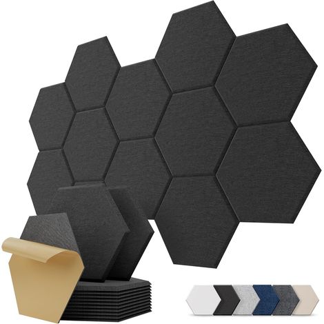 Panneaux Acoustiques Hexagone Dalle Murale Autocollante Acoustic Panels en feutre pour plafond et porte, réduit l’écho, décoratif pour studio, bureau, 12 pièces, 30x26x0,9 cm, noir (1/5)