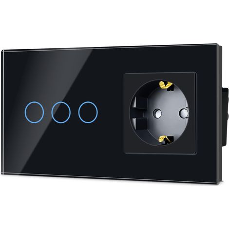 Interrupteur avec combinaison de prises, interrupteur tactile UE 3 compartiments 1 voie en verre cristal, prise de type F, prise Schuko, prise 16 A, 157 x 86 mm, noir (1/5)