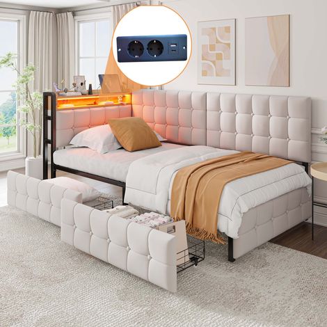 Divano letto 90x200 cm in velluto beige con 2 cassetti, senza materasso - FLORAGRACE (1/5)