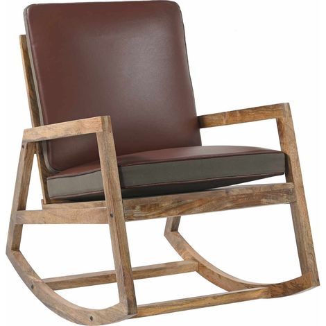 Maison Exclusive - Sedia a Dondolo Marrone in Vera Pelle e Legno Massello di Mango (1/5)
