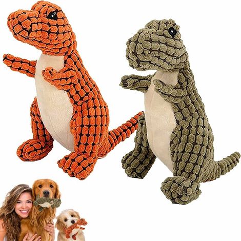 Dinosaur Dog Toy, 2 Pcs Dinosaur Plush Dog Chew Toys, Interactive Stuffed Toy for Dogs, Plush Sound Toy for Small Dogs (Orange and Green) (1/5)