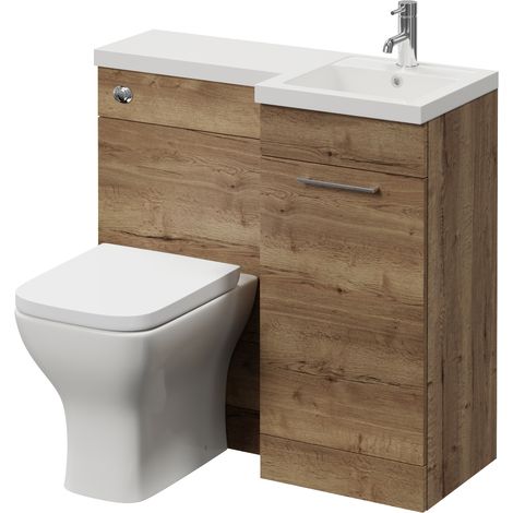 Napoli 390 Tobacco Oak 900mm Single Door Vanity Unit Toilet Suite with Right Hand Square Lucia Basin - 900mm - Chrome 160mm HandleWith Kingston Toilet Pan and Seat