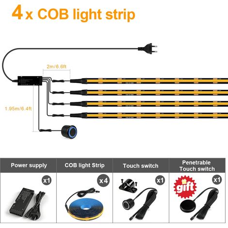 (4 bandes, lumière naturelle, 2M) Bandes LED noires, COB, interrupteur à gradation par capteur tactile double, aucun perçage requis pour l'installation. (1/5)