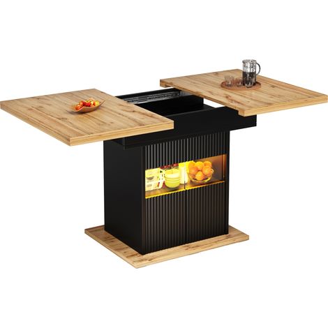 CHICFURN Table a manger extensible avec rangement et LED, 110 a 140 cm, table de cuisine avec etagere reglable, MDF noir et bois fonce, style moderne (1/5)