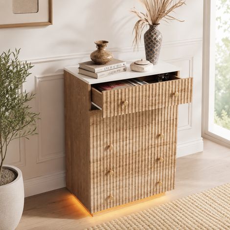 Commode 5 tiroirs 73x40x111cm, lumière LED, meuble de rangement, grande capacité, panneau à motif ondulé, commode chambre, anti-basculement, poignée en métal, pour chambre et salon,Bois,Bois naturel (1/5)