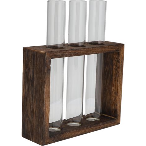 Vase tubulaire en verre de table, verre borosilicate haute densité, cadre en bois de pin, style rétro, pour plantes hydroponiques, décoration intérieure, 3 bouteilles (1/5)